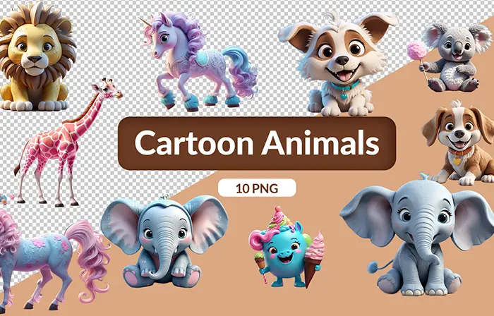 Lovely 3D Cartoon Jungle Animals Elements Pack